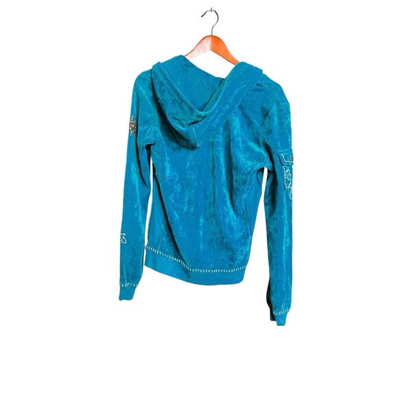 90’s Y2K Twisted Heart Teal Hooded Velour Floral Rhinestone Jacket Women’s Sz S - Picture 2 of 7